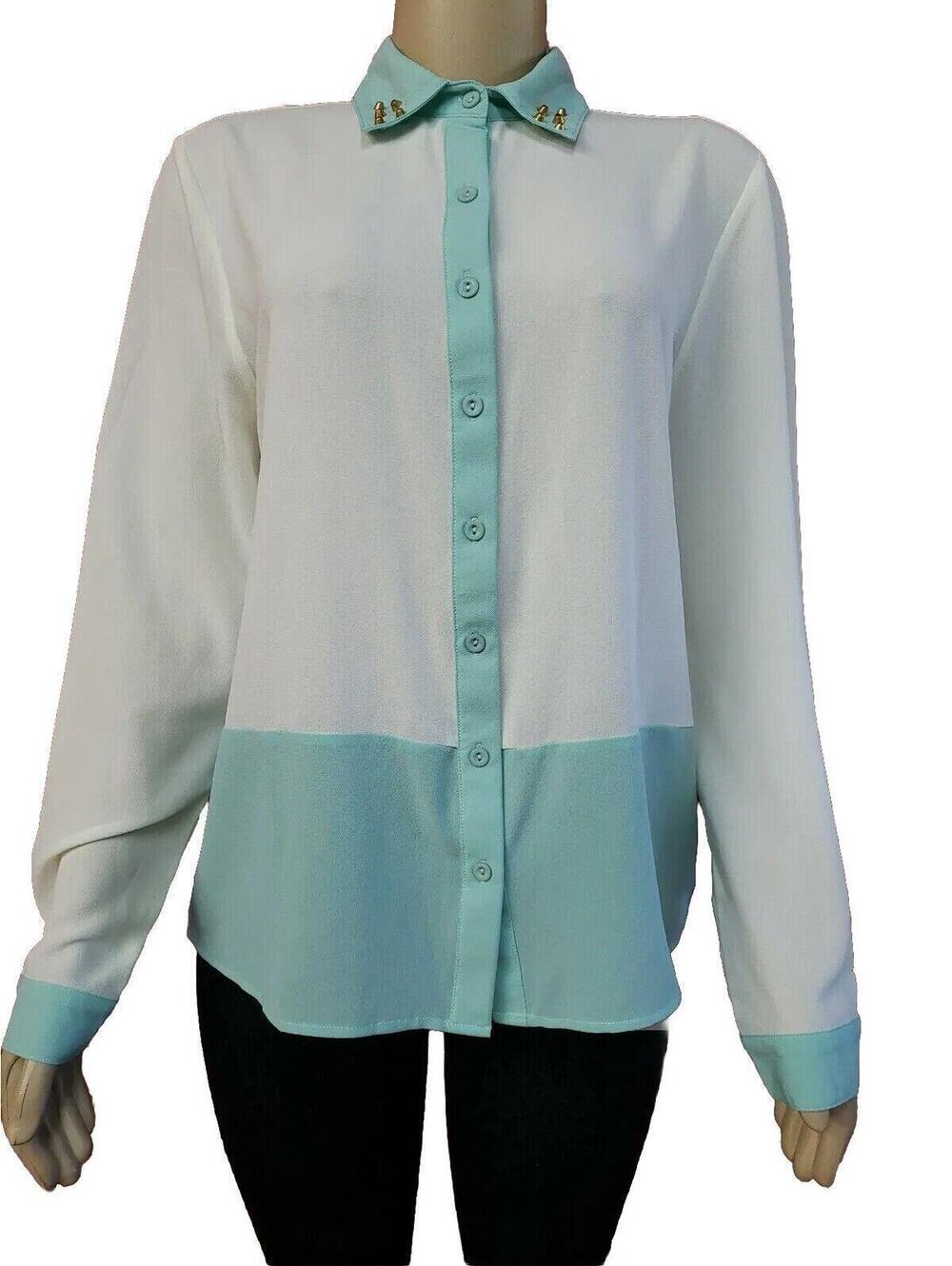 Foreign Exchange NWT Colorblock Ivory Blue Size L Studded Women's Top Blouse #C